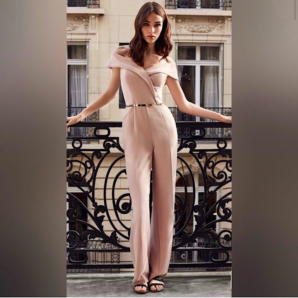REISS ADINA OFF-THE SHOULDER JUMPSUIT. US 6| EU 38| UK 10. BLUSH COLOR.